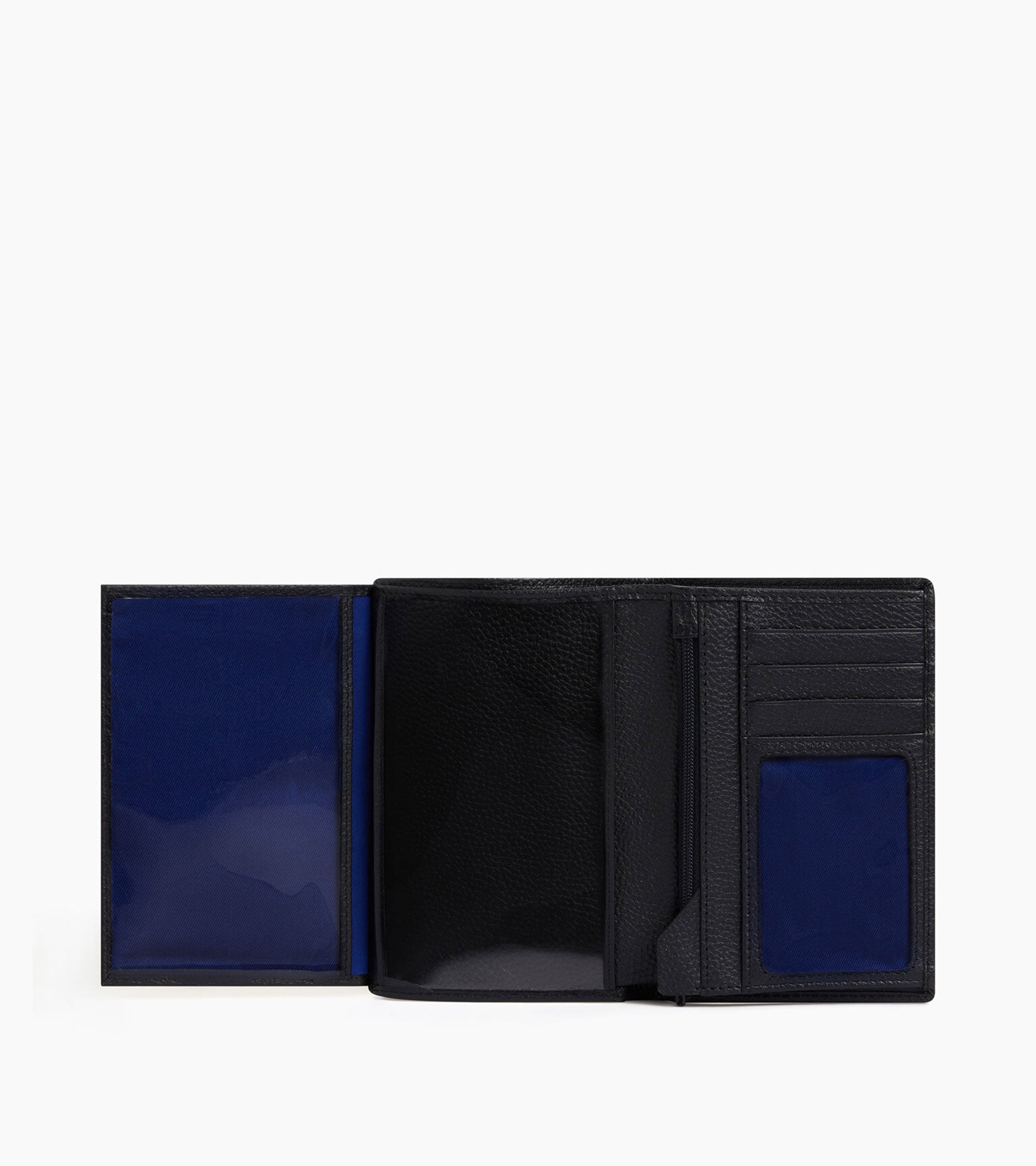 large, vertical, zipped wallet with 2 gussets in grained leather